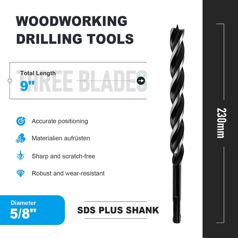 WOBLLMX 5/8" x 9" Auger Drill Bit with SDS Plus Shank for Wood,Tri Flute Ship Auger Long Drill Bit for Soft and Hard Wood,Tree Stump,Plastic,Drywall and Composite Materials - Image 2